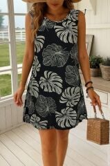 Kadın Sıfır Kollu Yuvarlak Yaka Desenli Süprem Elbise