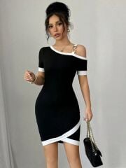 Kadın Kısa Kollu Asimetrik Kesim Yaka şerit Ve Aksesuar Detaylı Modal Elbise