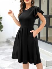 Kadın Kelebek Kollu Bisiklet Yakalı Pileli Ithal Krep Elbise