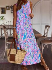 Kadın Askılı Yuvarlak Yaka Yandan Yırtmaçlı Uzun Süprem Elbise