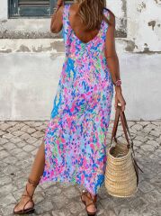 Kadın Askılı Yuvarlak Yaka Yandan Yırtmaçlı Uzun Süprem Elbise