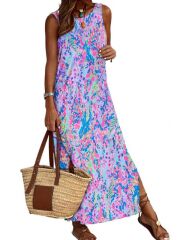 Kadın Askılı Yuvarlak Yaka Yandan Yırtmaçlı Uzun Süprem Elbise