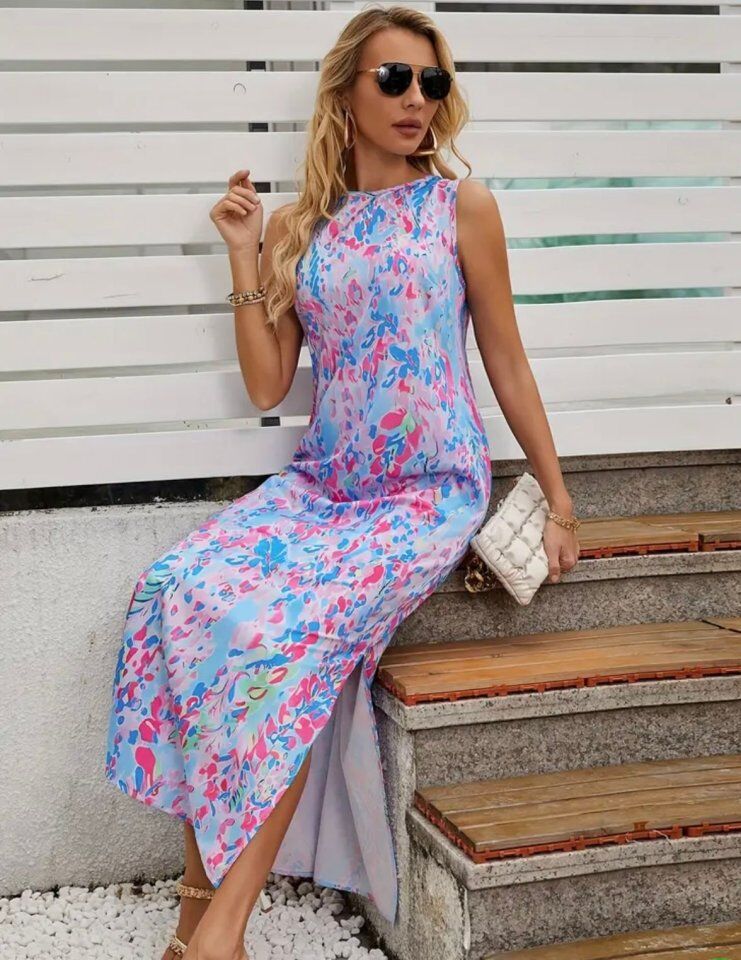 Kadın Askılı Yuvarlak Yaka Yandan Yırtmaçlı Uzun Süprem Elbise