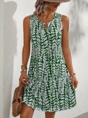 Kadın Sıfır Kol Yakadan Halka Detaylı Desenli Kısa Bürümcük Elbise