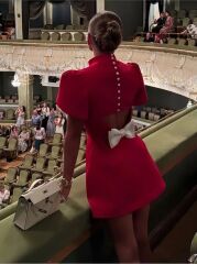 Kadın Kısa Kollu Balıkçı Yaka Arkadan Kelebek Dekolte Detaylı Kısa Atlas Elbise