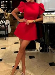 Kadın Kısa Kollu Balıkçı Yaka Arkadan Kelebek Dekolte Detaylı Kısa Atlas Elbise