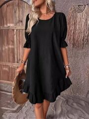 Kadın Kısa Kollu Kol Ve Eteği Volanlı Bisiklet Yaka Aerobin Elbise