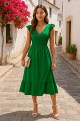 Kadın Kısa Kollu Kruvaze Yakalı Beli Lastikli Müslim Elbise