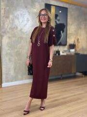 Kadın Kısa Kollu Bisiklet Yaka Omuzdan Düğmeli Uzun Viskon Iki Iplik Elbise