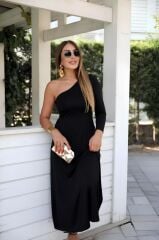 Kadın Uzun Kollu Tek Omuz Detay Krep Elbise