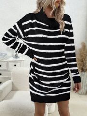 Kadın Uzun Kollu Degaje Yaka çizgili Sonya Iplik Mini Boy Triko Elbise (kemersiz)