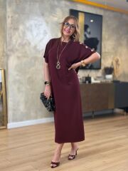 Kadın Kısa Kollu Bisiklet Yaka Omuzdan Düğmeli Uzun Viskon Iki Iplik Elbise