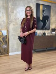 Kadın Kısa Kollu Bisiklet Yaka Omuzdan Düğmeli Uzun Viskon Iki Iplik Elbise