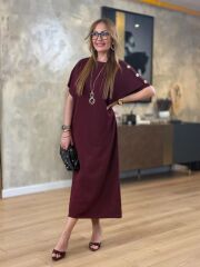 Kadın Kısa Kollu Bisiklet Yaka Omuzdan Düğmeli Uzun Viskon Iki Iplik Elbise