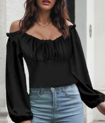 Kadın Uzun Kollu Kare Yaka Göğüs Büzgü Detay Sandy Bluz