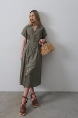 Önü Düğmeli Kısa Kol Elbise - Haki