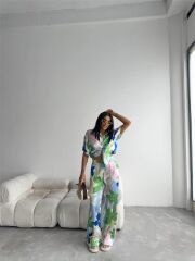 YEŞİL BÜYÜK ÇİÇEK DESEN SATEN GÖMLEK-PANTOLON TAKIM - Yeşil