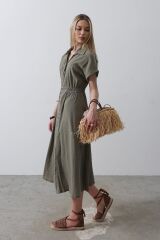 Önü Düğmeli Kısa Kol Elbise - Haki