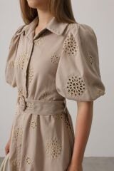 Balon Kol Kemerli Brode Elbise - Taş