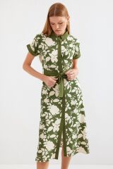 2455 Desenli Gömlek Elbise - Haki