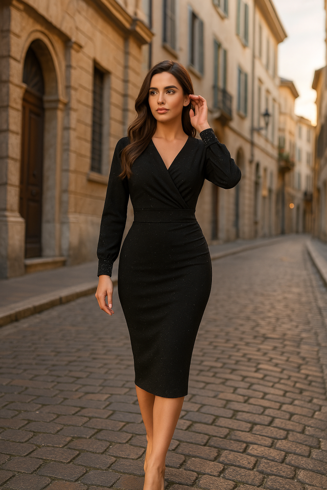 Kadın Uzun Kollu Kruvaze Yaka Büzgü Ve Balon Kol Detay Krep Kumaş Maxi Boy Elbise