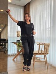 Kadın Kısa Kollu V Yakalı Pul Payetli Viskon Iki Iplik Bluz Ve Pantolon Ikili Takım