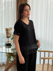 Kadın Kısa Kollu V Yakalı Pul Payetli Viskon Iki Iplik Bluz Ve Pantolon Ikili Takım