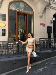 POLYVİSCON ÇİFT KEMER DETAYLI ELBİSE - Bej