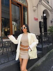 POLYVİSCON ÇİFT KEMER DETAYLI ELBİSE - Bej