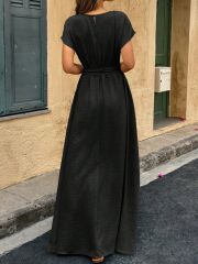 Kadın Kısa Kollu Kayık Yaka Beli Kuşaklı Aerobin Elbise