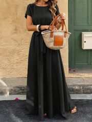 Kadın Kısa Kollu Kayık Yaka Beli Kuşaklı Aerobin Elbise