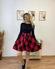 Kadın Uzun Kollu Bisiklet Yaka üst Viskon Alt Ekose Kısa Elbise