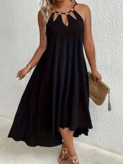 Kadın Boyundan Askılı Damla Detaylı Halkalı Asimetrik Kesim Viskon Elbise