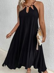 Kadın Boyundan Askılı Damla Detaylı Halkalı Asimetrik Kesim Viskon Elbise