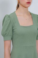 Çağla Yeşili Kare Yaka Örme Mini Elbise