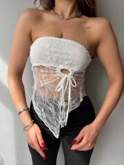 Kadın Göğüs Ve Sırt Dekolteli Transparan Dantel Detay Bluz