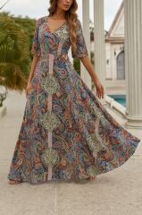 Kadın Kısa Kollu V Yakalı Desenli Süprem Elbise