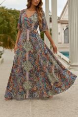 Kadın Kısa Kollu V Yakalı Desenli Süprem Elbise