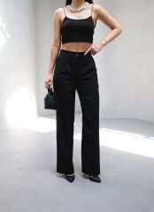 Arkasi Lasti̇kli̇ Pi̇leli̇ Dökümlü Wide Leg Pantolon