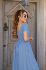 Kadın Kısa Kollu Yuvarlak Yaka önden Yırtmaçlı Cepli Viskon Uzun Elbise