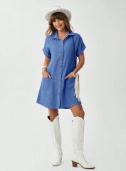Kadın Cep Detay Müslin Kumaş Mini Gömlek Elbise