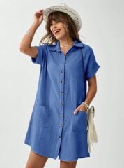 Kadın Cep Detay Müslin Kumaş Mini Gömlek Elbise