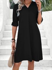 Kadın Kısa Kollu V Yakalı Salaş Janjan Krep Elbise