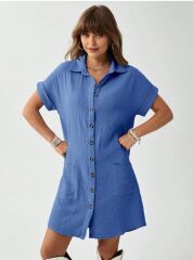 Kadın Cep Detay Müslin Kumaş Mini Gömlek Elbise