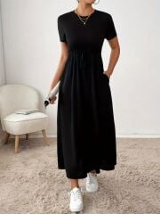 Kadın Kısa Kollu Bisiklet Yaka Belden Bağcıklı Cepli Viskon Elbise