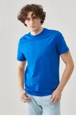 Unisex Düz Biskilet Yaka Oversize T-shirt - Mavi