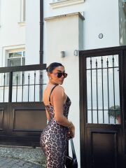 Kadın Dalgıç Kumaş Dijital Leopar Baskılı Midi Boy Elbise