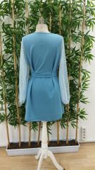 Kadın Uzun Kollu Yakadan Bağcıklı Belden Kuşaklı Ithal Krep Elbise