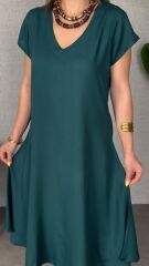 Kadın Kısa Kollu V Yaka Salaş Maxi Boy Elbise
