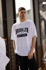 Unisex Bisiklet Yaka Baskılı Oversize T-Shirt - Beyaz